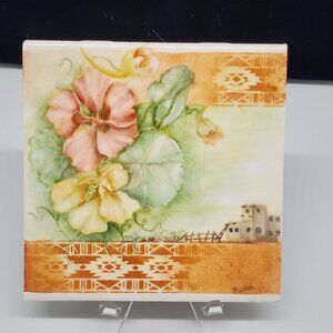 Hand Painted Ceramic Tile With Floral & Village Scene Signed Neva SEASH Mexico
